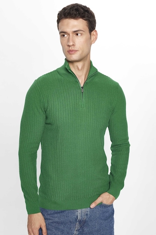 Tudors Erkek Slim Fit Dar Kesim Dik Yaka Fermuarlı Yeşil Kazak-28923 Yeşil
