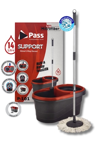 Pass 14 Litre Dönerli Mop Kovası Seti Ayarlanabilir Özellikli 5 Parça Microfiber Temizlik Seti
