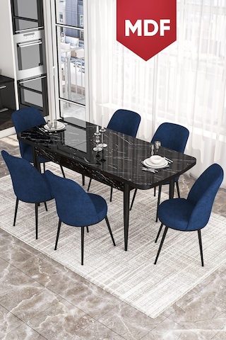 Canisa Concept Kor Serisi MDF 70x114 Açılabilir Mutfak Masası Takımı Siyah Mermer Desen Masa 6 Lacivert Sandalye Masa Siyah Mermer Desen Sandalyeler Lacivert