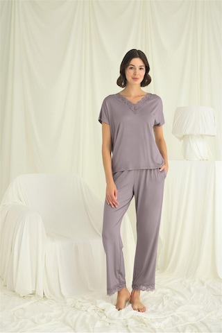 3dsepetim Kısa Kollu V Yakalı Dantelli Pijama Takımı Grı