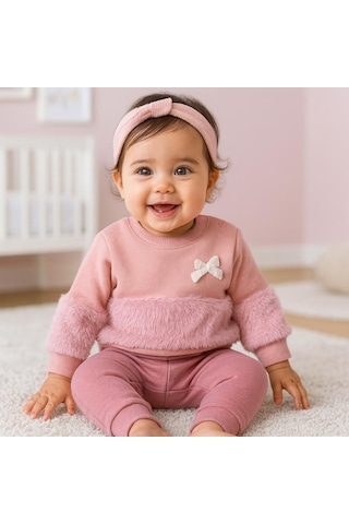 Kelebek Fiyonk Detaylı Belde Ve Kolda Peluş Detaylı Kışlık 2 Parça Takım Pembe