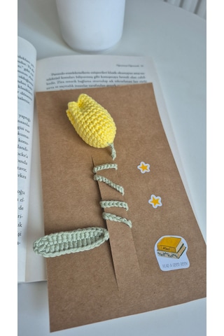 Sarı Lale Örgü Kitap Ayracı Amigurumi Kitap Aksesuarı