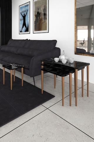 Selena 4Lü Zigon Sehpa Ahşap Ayaklı Salonseti Sehpası Siyah Mermer