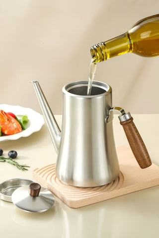 304 Mat Çelik Ahşap Saplı Süzgeçli 1000 Ml Yağdanlık Sosluk Sirkelik Mt273 Gri