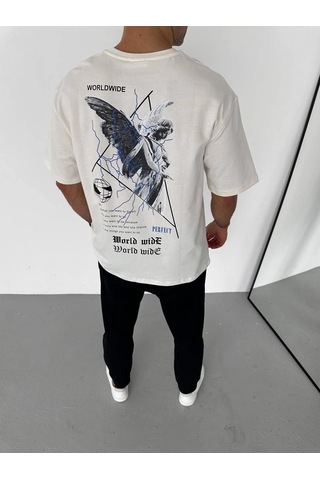 Barlashive Erkek Yazlık Baskılı Tişört Bisiklet Yaka Kısa Kol Regular Fit T-shirt - Beyaz Çok Renkli