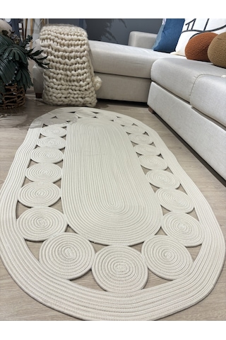 Mavaux Krem Jüt Hasırlı El Örgüsü Kilim Beyaz
