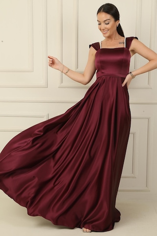 By Saygı Askılı Taş Detaylı Kare Yaka Astarlı Uzun Saten Elbise-36954 Mürdüm