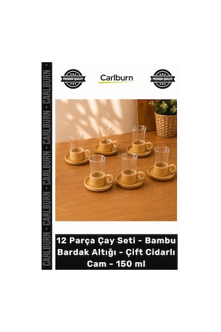 Özel Üretim Şık Isı Korumalı 12 Parça Çay Seti Bambu Bardak Altığı Çift Cidarlı Cam 150 Ml çok renkli