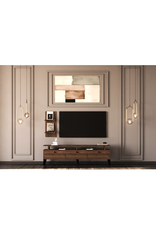 Gm 044 Neva 3 Kapaklı Ayaklı Duvar Raflı Tv Ünitesi Barok Ceviz