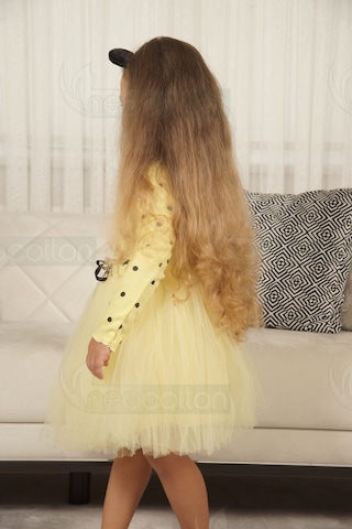 Puantiyeli Kız Çocuk Uzun Kollu Doğum Günü Ve Özel Günler İçin Tüllü Elbise Sarı 1 Sarı