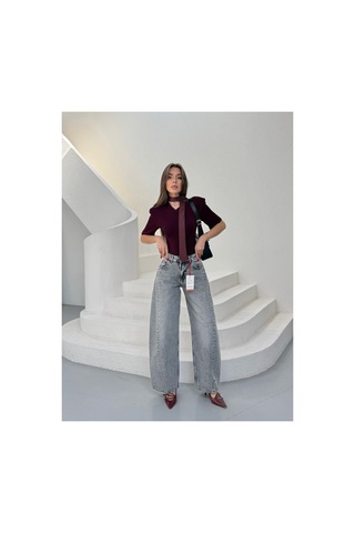 Meecy Yüksek Bel Wide Leg Salaş Jean Pantolon - Gri Gri