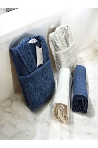 Banyo Çeyiz Seti, %100 Pamuk Bornoz Takımı, 8parça Aile Bornoz Seti, Havlu&havlu Seti Lacivert-krem Lacivert