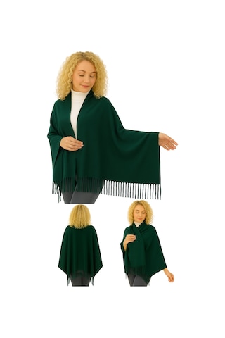 1 Adet Kadın Büyük Bedene Uygun Ekstra Yumuşak Dokulu Püskül Detaylı Kışlık Atkı Omuz Şalı Koyu Yeşil