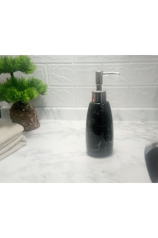 Mermer Desenli Siyah Sıvı Sabunluk 8x8x17cm 300ml Banyo Seti