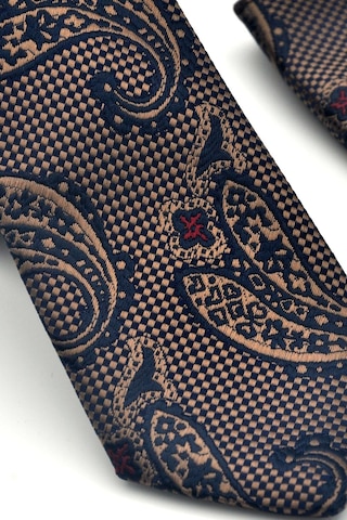 Gaffy Kahverengi Şal Desenli Lacivert Dokuma Kumaş Mendilli Slim Fit Kravat // Sdk-2606-2 Lacivert