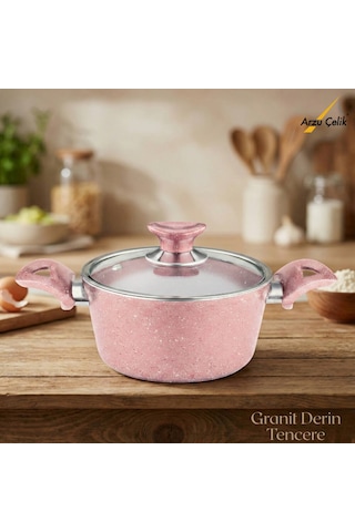 18 Cm Granit Derin Tencere Cam Kapak - Pembe Pembe