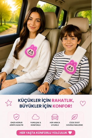 Bunny Beyaz Emniyet Kemeri Aksesuarı - Emniyet Kemeri Kılıfı-araç Emniyet Kemeri Omuz Koruyucu 1 Adet
