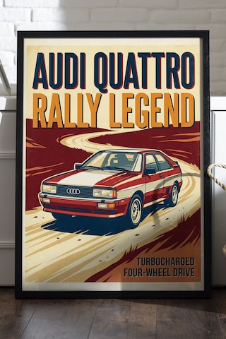 Audi Quattro Siyah Ahşap Çerçeveli Poster, Dekoratif Araba Duvar Tablosu