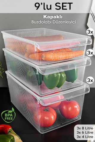 9'lu Kapaklı Buzdolabı Düzenleyici Set - Meyve Sebze Saklama Kabı Dolap İçi Organizer 3x 4-6-8 Lt Şeffaf
