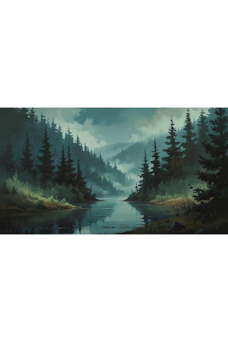 Doğa Ve Manzara Yatay Yoğun Ağaçlar Ve Gizli Göl, Sisli Vadi, Gizemli Ruh Hali Soluk Renkler 01 Çerçevesiz 90x60cm Pvc Tablo