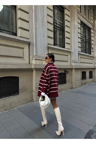 Lymens Rahatlık Ve Şıklıkta Sınır Tanımayan Çizgili Oversize Akrilik Hırka Bordo