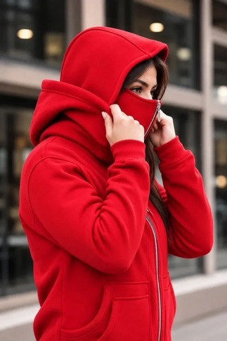DefyModa Maskeli Ninja Model Çift Kapüşonlu 3 İplik Şardonlu Fermuarlı Oversize Sweatshirt - Kırmızı