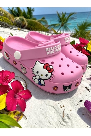 Ellaboni Kız Çocuk Pembe Kitty Kromi Figürlü Kaymaz Taban Terlik Havuz Plaj Deniz Sandaleti