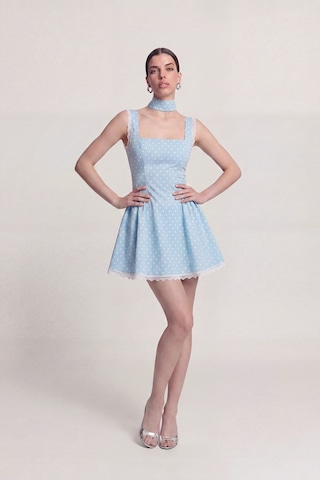 Holly Lolly Puantiyeli Şal Detaylı Dantelli Mini Yvonne Elbise Mavi