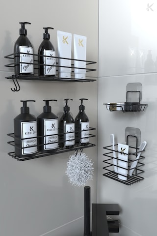 Karteya Paslanmaz Yapışkanlı Siyah Metal Banyo Rafı Düzenleyici 4'lü Set Kancalı Duş Rafı Sabunluk Rafı Siyah