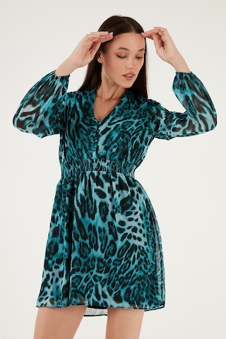 Lela V Yaka Regular Fit Gipeli Düğme Detaylı Şifon Mini Bayan Elbise 611El01433 Mavi-Siyah