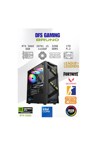 DFS Gaming Bruno 11QE0027TX038 i5-14400F 32 GB 1 TB M.2 SSD RTX5060 Free Dos Masaüstü Oyuncu Bilgisayarı