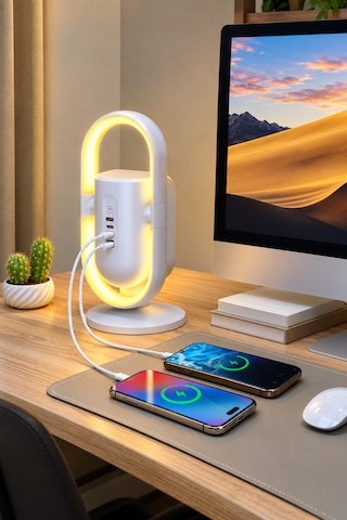 Akım Korumalı Masaüstü Güç Ünitesi 2 Priz, 2 Usb-c + Usb-a, 20w Pd & 18w Qc Hızlı Şarj, Led Ortam Aydınlatmalı 3680w 1.9 M