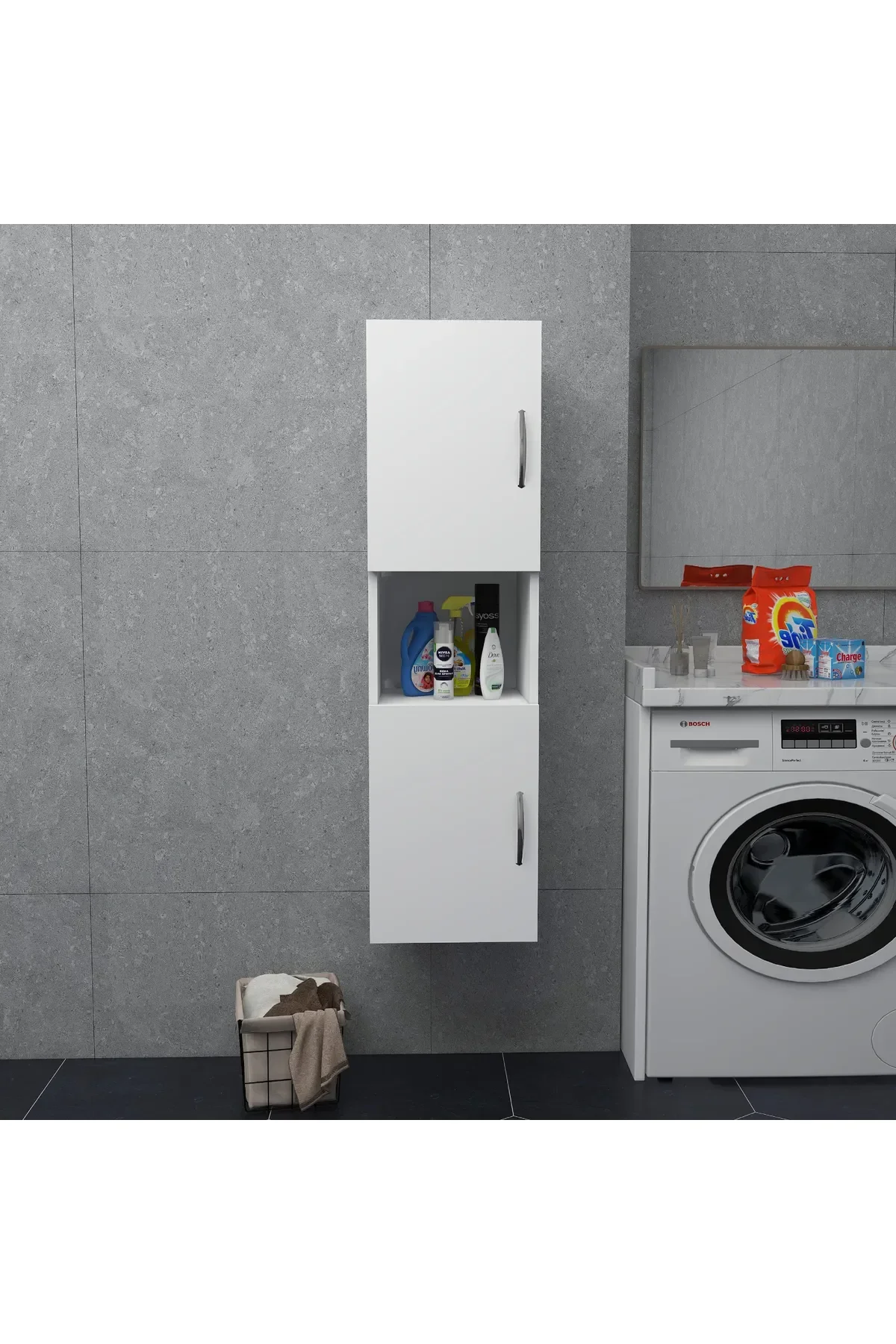Irmak Mobilya 2 Kapaklı Bölmeli Banyo Asma Boy Dolabı Çok Amaçlı Duvara Monteli Dolap Beyaz
