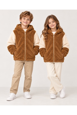 Luess Unisex Çocuk Kahverengi Ekru Peluş Kapüşonlu Fermuarlı Mont / 4-12 Yaş Sütlü Kahve