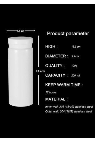 Minimo Mini Termos Paslanmaz Çelik Su Termos, Kaliteli Vakum Termos 200 Ml Beyaz