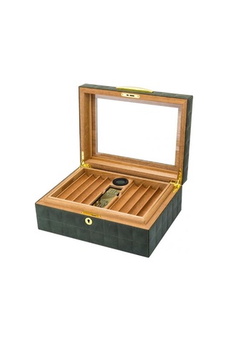 Lubinski Deri Camlı Humidor Puro Kutusu Yeşil 50s
