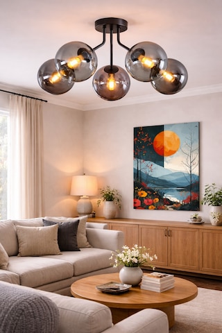 Venüs Modern Plofonyer Beşli Camlı Avize Oturma Salon Yatak Odası 5li Avize Gri