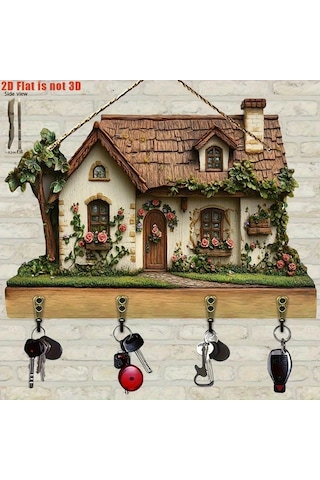 Elmpaly A 2d Düz Fonksiyonel Ahşap Anahtarlık 4 Metal Kancalı Duvar Dekoru Koridor Oda Köşk Dört Mevsim