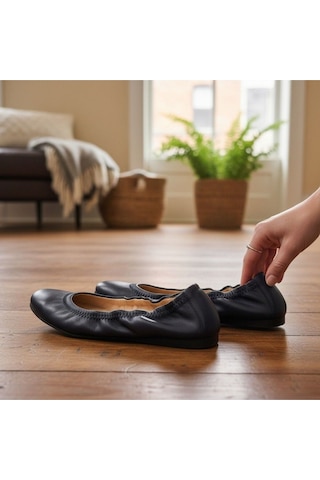 Ne&ve Shoes Lacivert Hakiki Deri Ağzı Büzgü Lastikli Kadın Rahat Babet