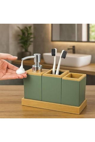 Bambu Kapaklı Yeşil Banyo Seti Sıvı Sabunluk, Diş Fırçalık, Çok Gözlü Organizer Ve Düzenleyici 000 Açık Krem