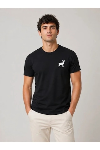 Valensdesign Erkek Minimal Geyik Logolu Tişört Bisiklet Yaka Kısa Kol Yazlık T-shirt - Siyah