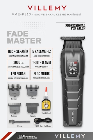 Vme-p810 Profesyonel Saç Kesme, Sakal Ve Ense Tıraş Makinesi Bldc Motor T-cut 0.1 Mm Dlc Bıçak
