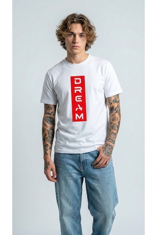 Unisex Düz Renk Dream Dijital Baskılı Bisiklet Yaka Basic Tişört Beyaz