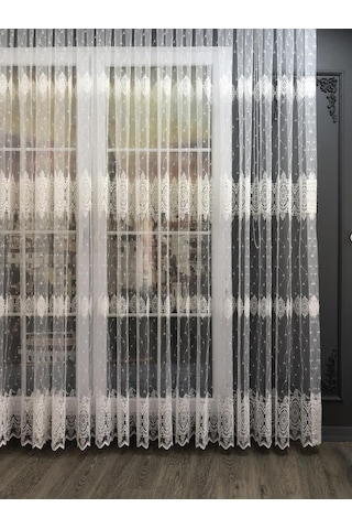Tül Perde Çerçeve Desen Brillant Marka Sedef Sim Brode Işleme Ekru