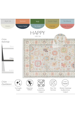 Cool Halı Happy Açık Gri Krem Vintage Halı Kaymaz Taban Bohem Pastel Eskitme Dekoratif Salon Halısı