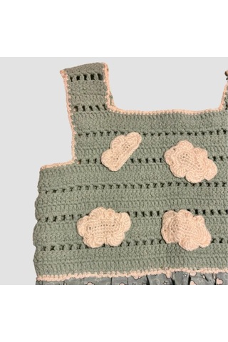 Uretti - Filiz 9248 - Kız Çocuk Örme Kafesli Robalı Bulut Desenli Elbise 3 Yaş - Mint Yeşili Yeşil