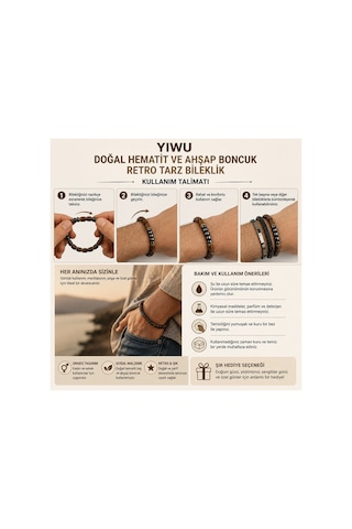 Yıwu Yeni Erkek / Kadın Doğal Hematit Ve Ahşap Boncuk Retro Tarzı Bileklik Unisex El Yapımı Görünümlü Doğal Taş Bileklik Günlük Kullanım, Meditasyon Ve Şık Hediye Metalik & Kahverengi Ahşap