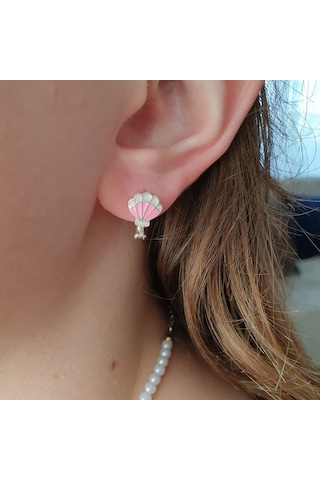 MAGRİB pembe renk deniz kabuğu istiridye model gümüş çocuk küpesi
