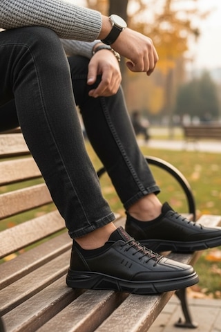 Enoch Hakiki Deri Siyah Üçlü Çizgi Detaylı Erkek Sneaker Ortopedik Taban Siyah