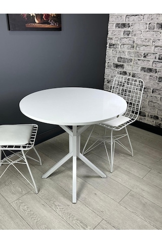Saray Beyaz Yuvarlak Mutfak Masası Yemek Masası Balkon Masası Metal Beyaz Ayak 80 Cm